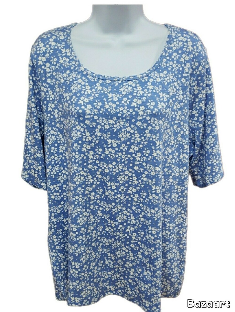 Time and Tru Blue Floral Scoop Neck Short Sleeve Top, 20 (2XG)